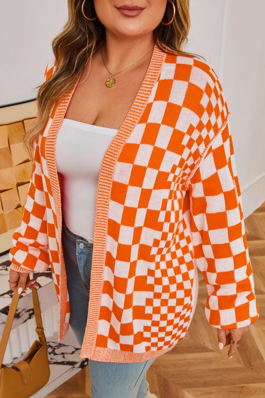Plus Size Checker Drop Shoulder Open Front Cardiga