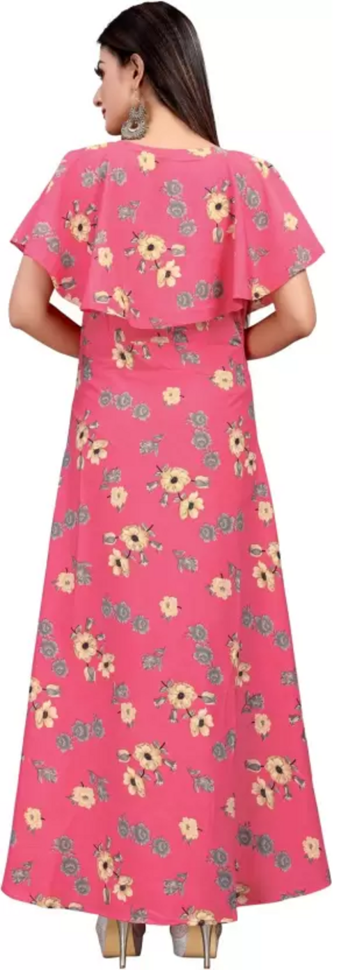 Women's Printed Crepe Stitched Anarkali Gown (Pink) (Size S)