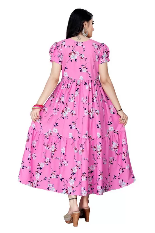 Women's Floral Print Crepe Stitched Flared/A-line Gown (Pink) (Size M)