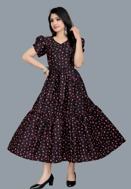 Women's Printed Crepe Stitched Anarkali Gown (Black) (Size S)