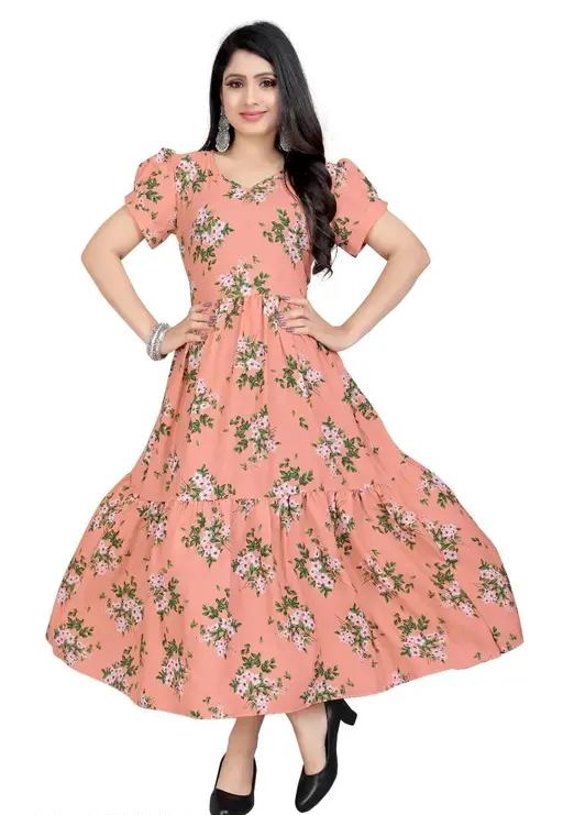 Women's Printed Crepe Anarkali Kurta (Peach) (Size L)