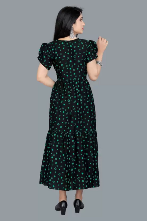 Women's Printed Crepe Stitched Anarkali Gown (Green, Black) (Size S)