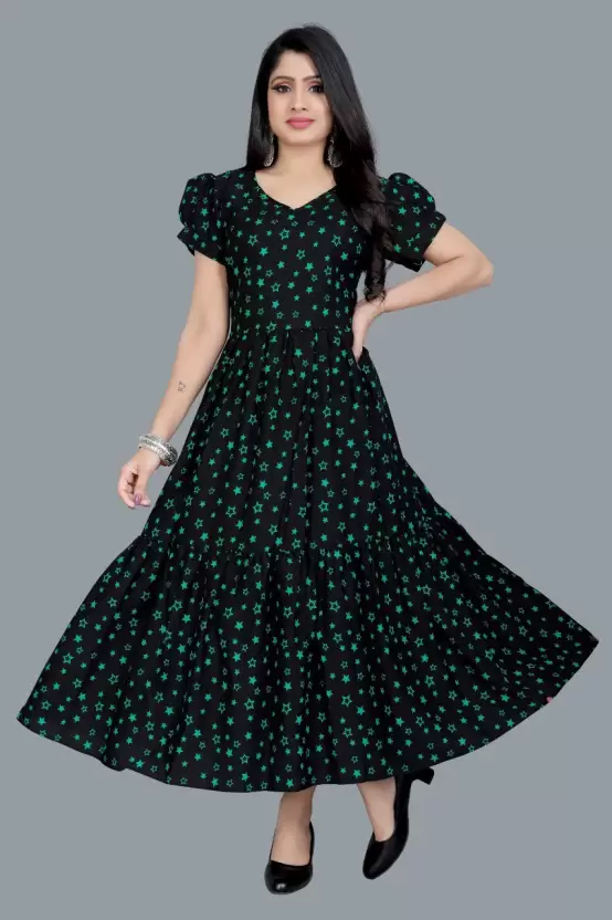 Women's Printed Crepe Stitched Anarkali Gown (Green, Black) (Size M)