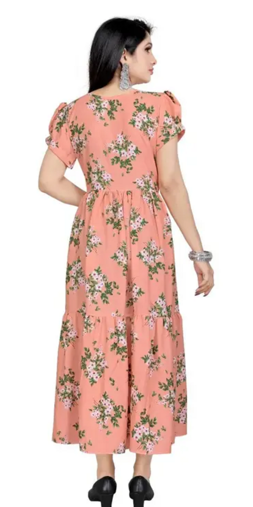 Women's Printed Crepe Anarkali Kurta (Peach) (Size M)