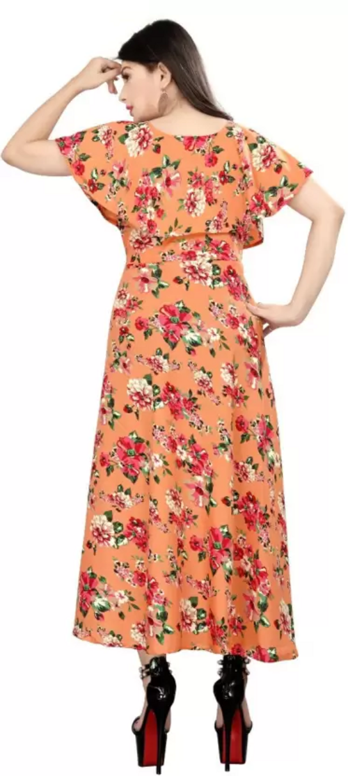 Women's Crepe Stitched Anarkali Gown (Orange) (Size M)