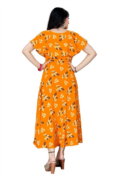 Women's Floral Print Crepe Stitched Flared/A-line Gown (Yellow) (Size