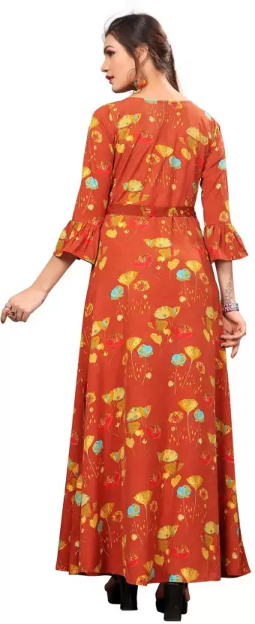 Women's Printed Crepe Stitched Anarkali Gown (Orange) (Size S)