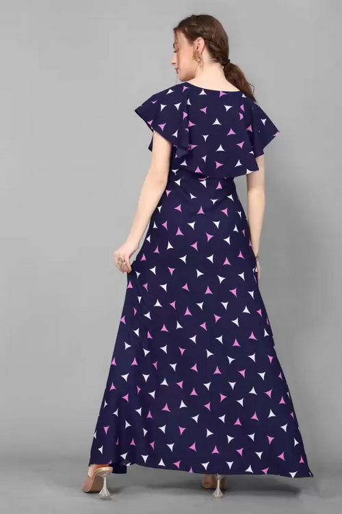 Women's Printed Crepe Stitched Anarkali Gown (NAVY Blue) (Size M)