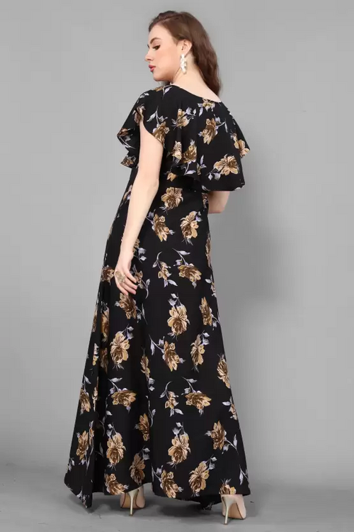 Women's Printed Crepe Stitched Anarkali Gown (Black) (Size S)