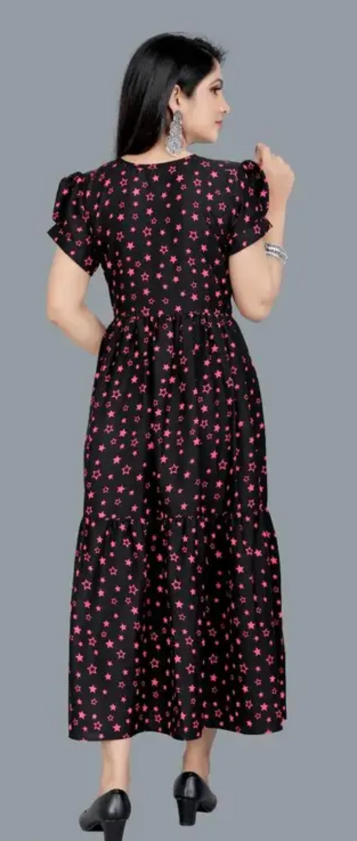 Women's Printed Crepe Stitched Anarkali Gown (Black) (Size S)