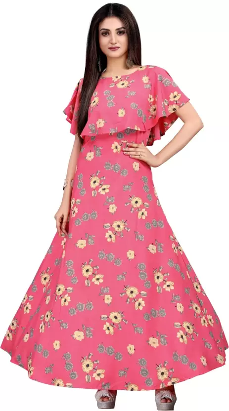 Women's Printed Crepe Stitched Anarkali Gown (Pink) (Size S)