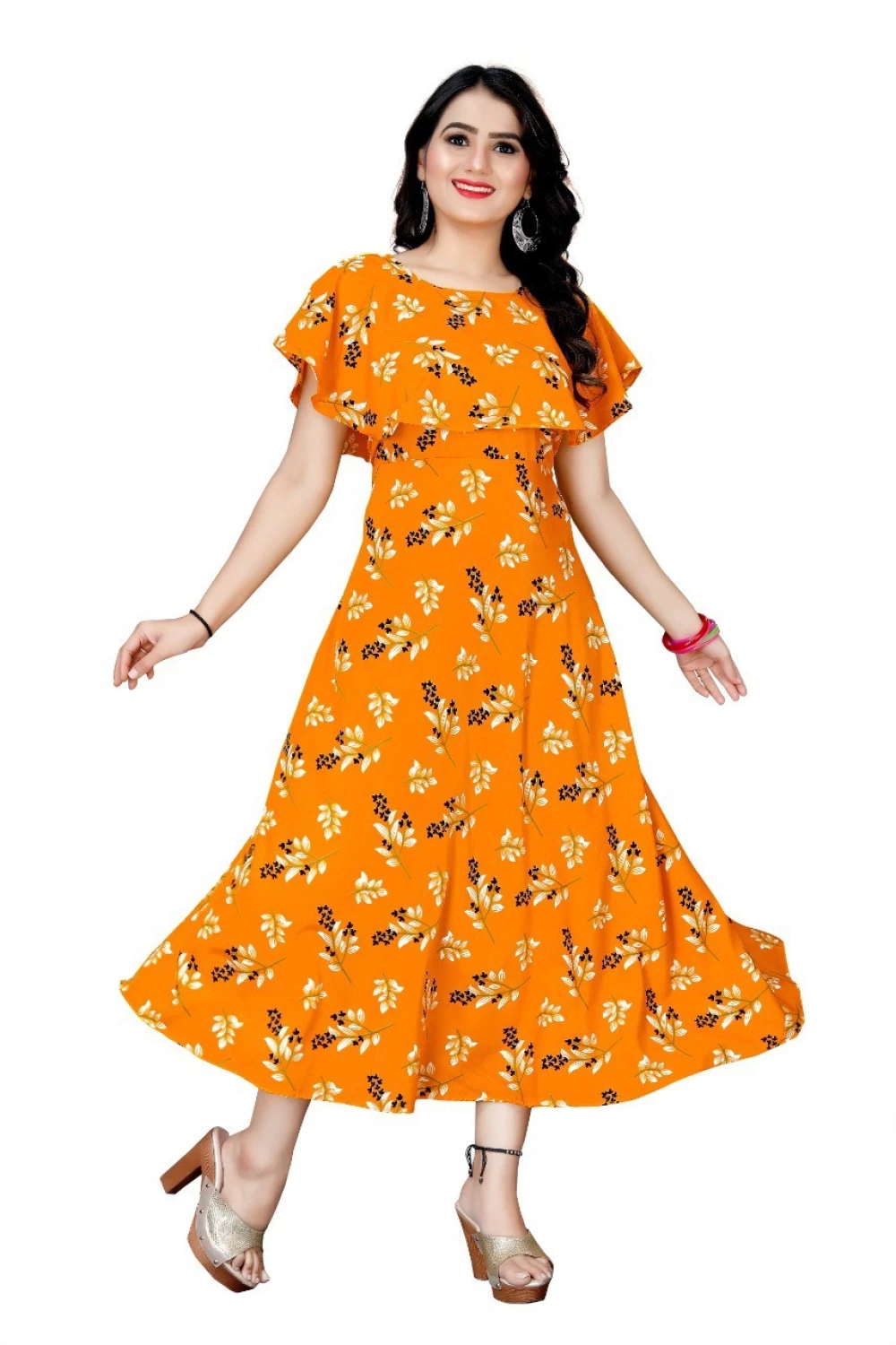 Women's Floral Print Crepe Stitched Flared/A-line Gown (Yellow) (Size