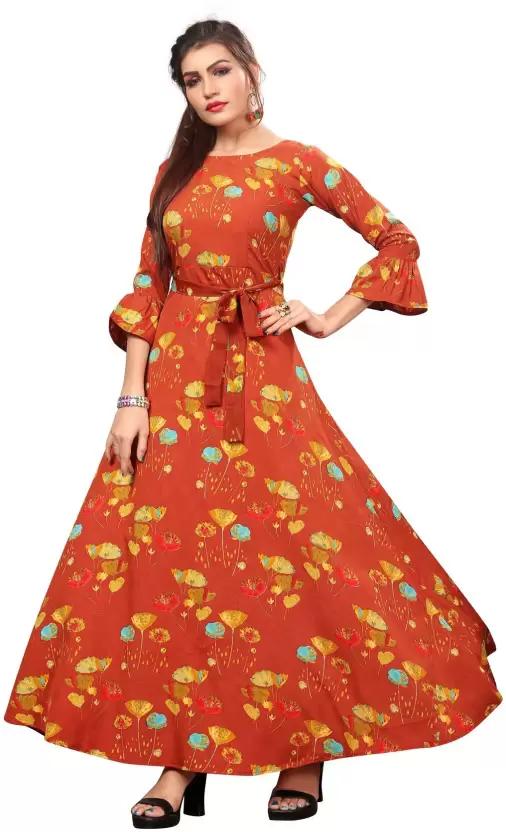 Women's Printed Crepe Stitched Anarkali Gown (Orange) (Size S)