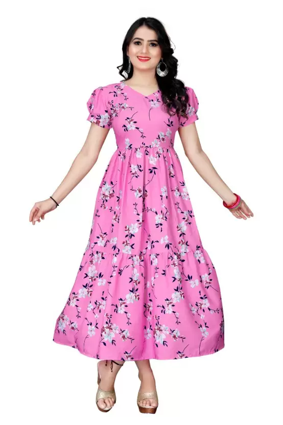 Women's Floral Print Crepe Stitched Flared/A-line Gown (Pink) (Size M)